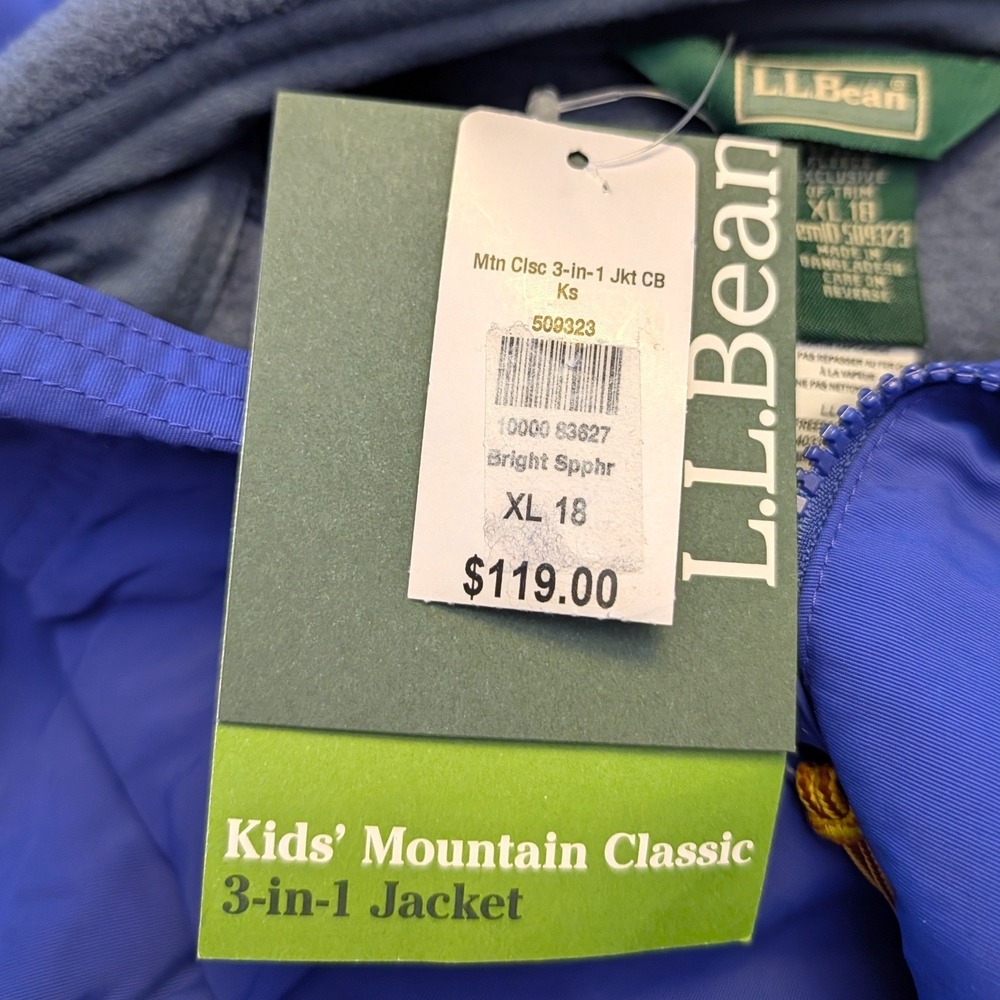 LL Bean Kids' Mountain Classic 3-in-1 Jacket Size Large 14-16 Blue Hooded Unisex - Picture 9 of 11